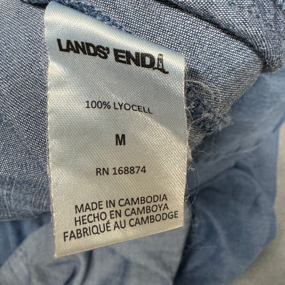 Lands End Tiered Dress Blue Chambray V-Neck Coastal Midi + Pockets Womens Medium - Picture 6 of 11
